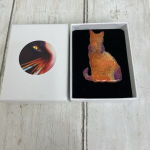 Handmade Cat Pin Brooch Puss Orange Purple Artist Signed Denise Laurent W/Box